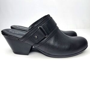 BOC Slip On Mule Womens Size 7M Bkack Leather 2" Chunky Wedge Heel Comfort